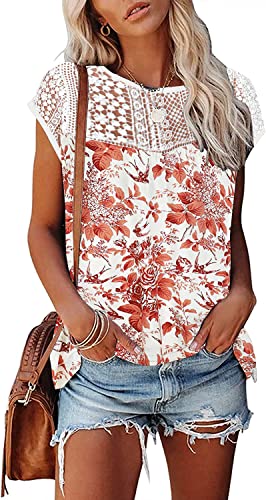 Womens Cap Sleeve Tops 2024 Trendy Floral Print Summer Tops Loose Fit Lace T Shirts Blouses