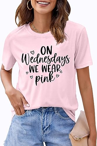 On Wednesday We Wear Pink Shirt Women Breast Cancer T Shirt Short Sleeve Print Tees Gifts for Girls Matching Outfits Top