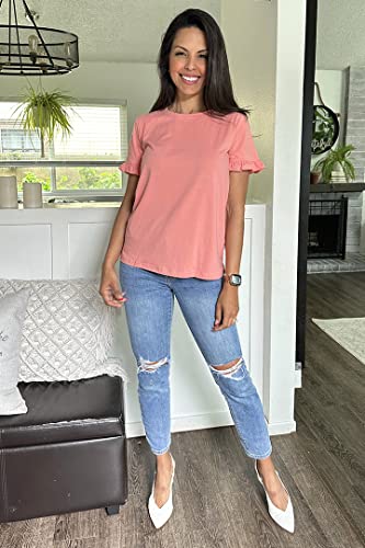 Women's Short Sleeve Casual T Shirts Summer Ruffle Plain Round Neck Loose Fit Tee Blouse Tops