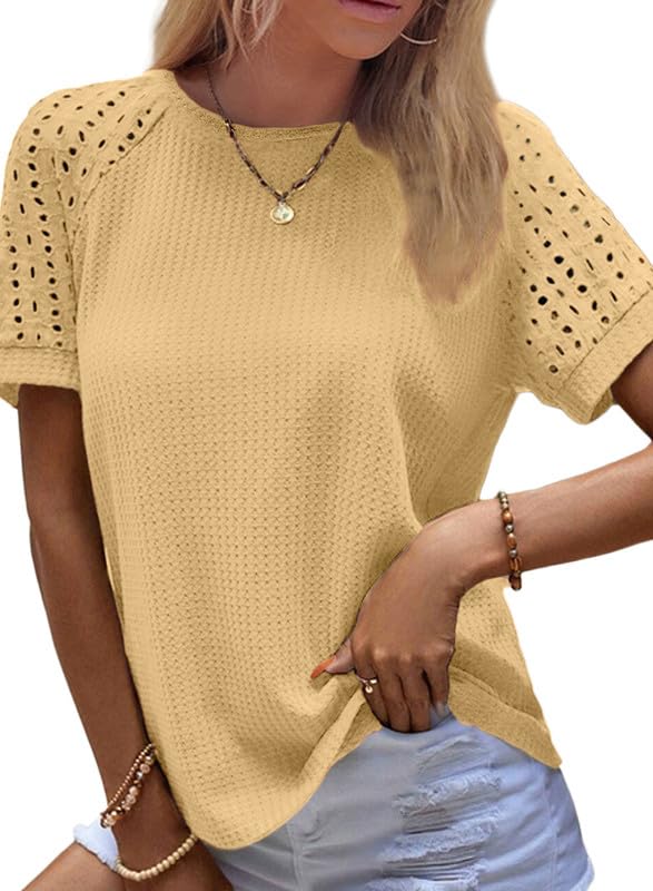Women's Waffle Knit Tops Casual Crew Neck Hollow Out Raglan Short Sleeve Summer T-Shirts Blouses