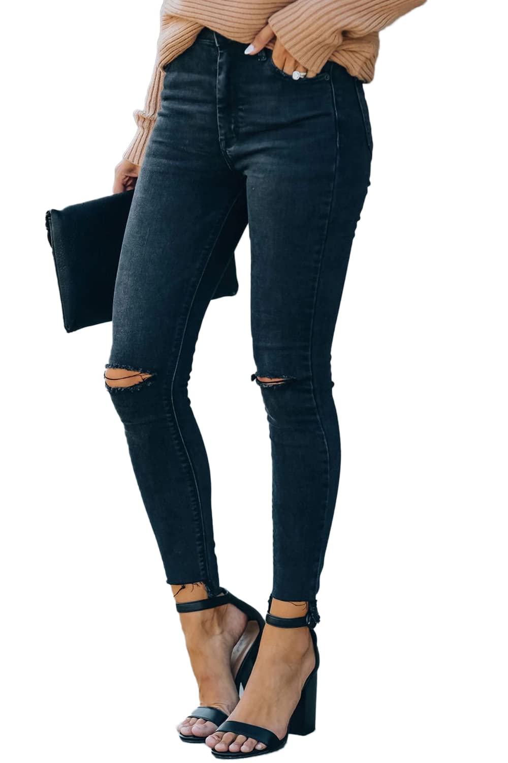 Women's High Rise Skinny Stretch Ripped Jeans High Waisted Destroyed Denim Pants