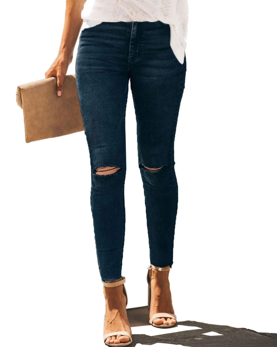 Women's High Rise Skinny Stretch Ripped Jeans High Waisted Destroyed Denim Pants