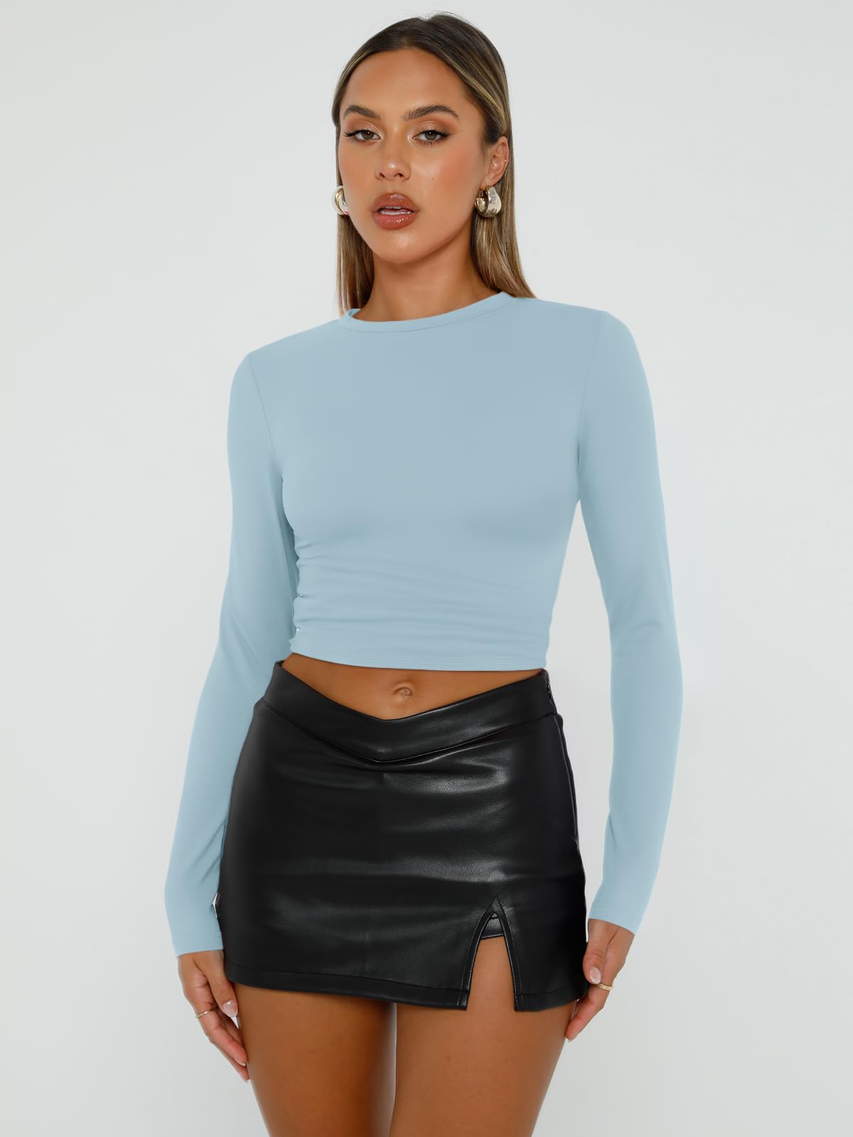 Trendy Queen Womens Long Sleeve Shirts Basic Crop Tops Tight Slim Fit Cute Teen Girls Fall Winter Y2k Clothes