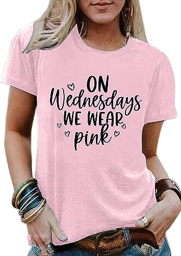 On Wednesday We Wear Pink Shirt Women Breast Cancer T Shirt Short Sleeve Print Tees Gifts for Girls Matching Outfits Top