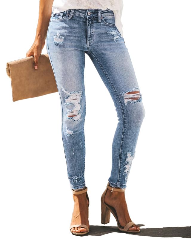 Women's High Rise Skinny Stretch Ripped Jeans High Waisted Destroyed Denim Pants