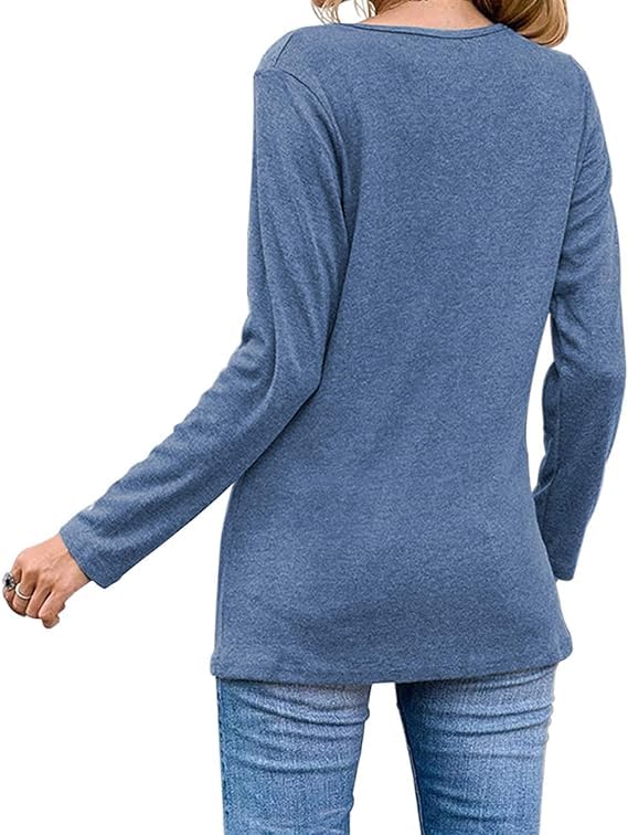Womens Casual Long Sleeve Tunic Shirts Round Neck Button Side Blouses Tops