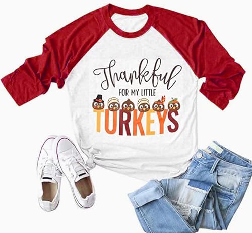 Thankful for My Little Turkeys Shirt Women Thanksgiving Tshirt Cute Graphic Raglan 3/4 Sleeve Baseball Tee Tops