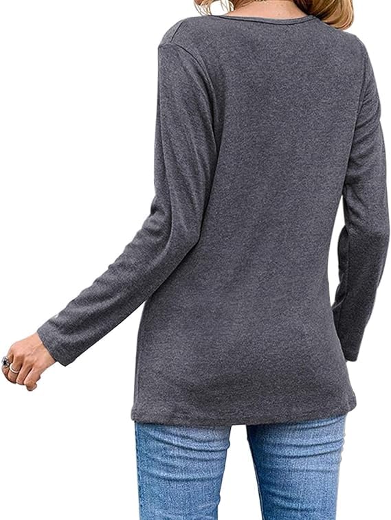 Womens Casual Long Sleeve Tunic Shirts Round Neck Button Side Blouses Tops