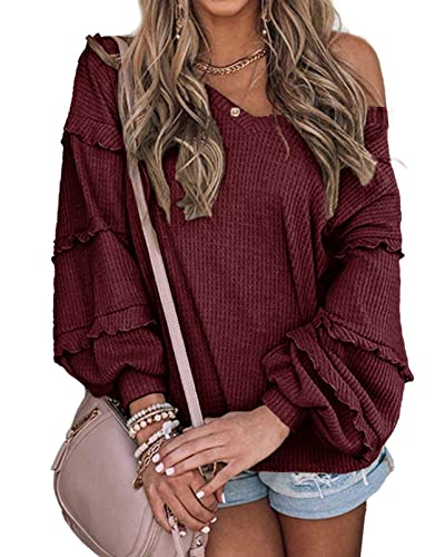 Women’s V Neck Long Sleeve Blouse Loose Fit Tunics Ruffles Off Shoulder Waffle Knit Solid Color Tops