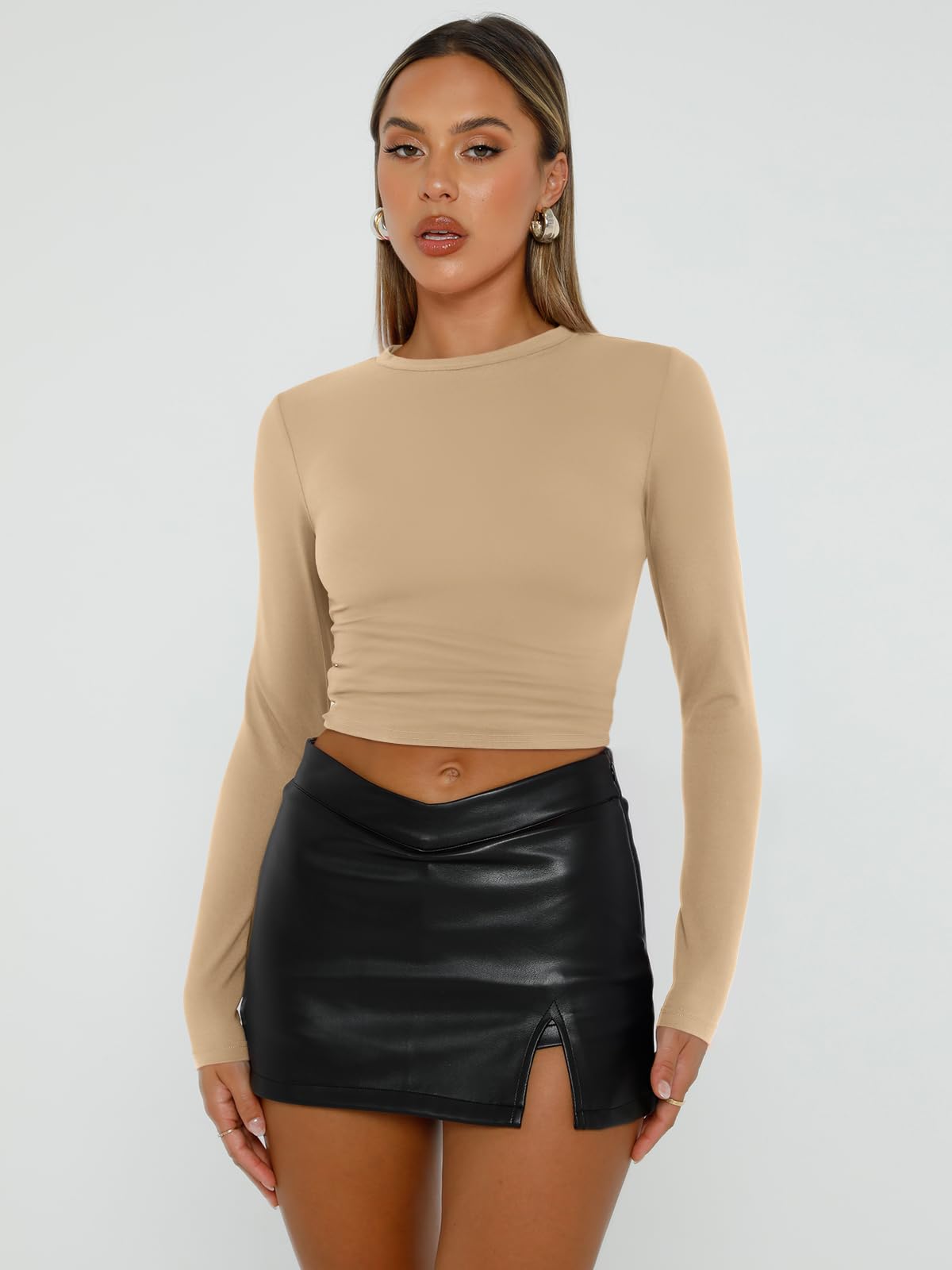 Trendy Queen Womens Long Sleeve Shirts Basic Crop Tops Tight Slim Fit Cute Teen Girls Fall Winter Y2k Clothes