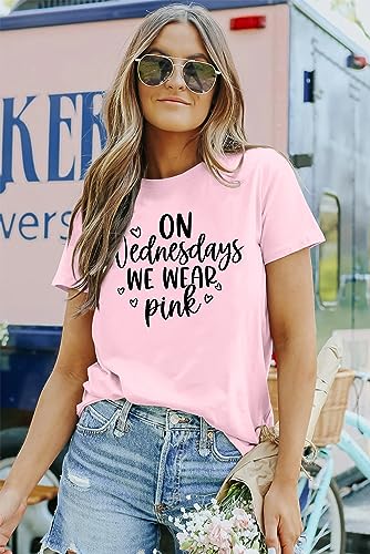 On Wednesday We Wear Pink Shirt Women Breast Cancer T Shirt Short Sleeve Print Tees Gifts for Girls Matching Outfits Top