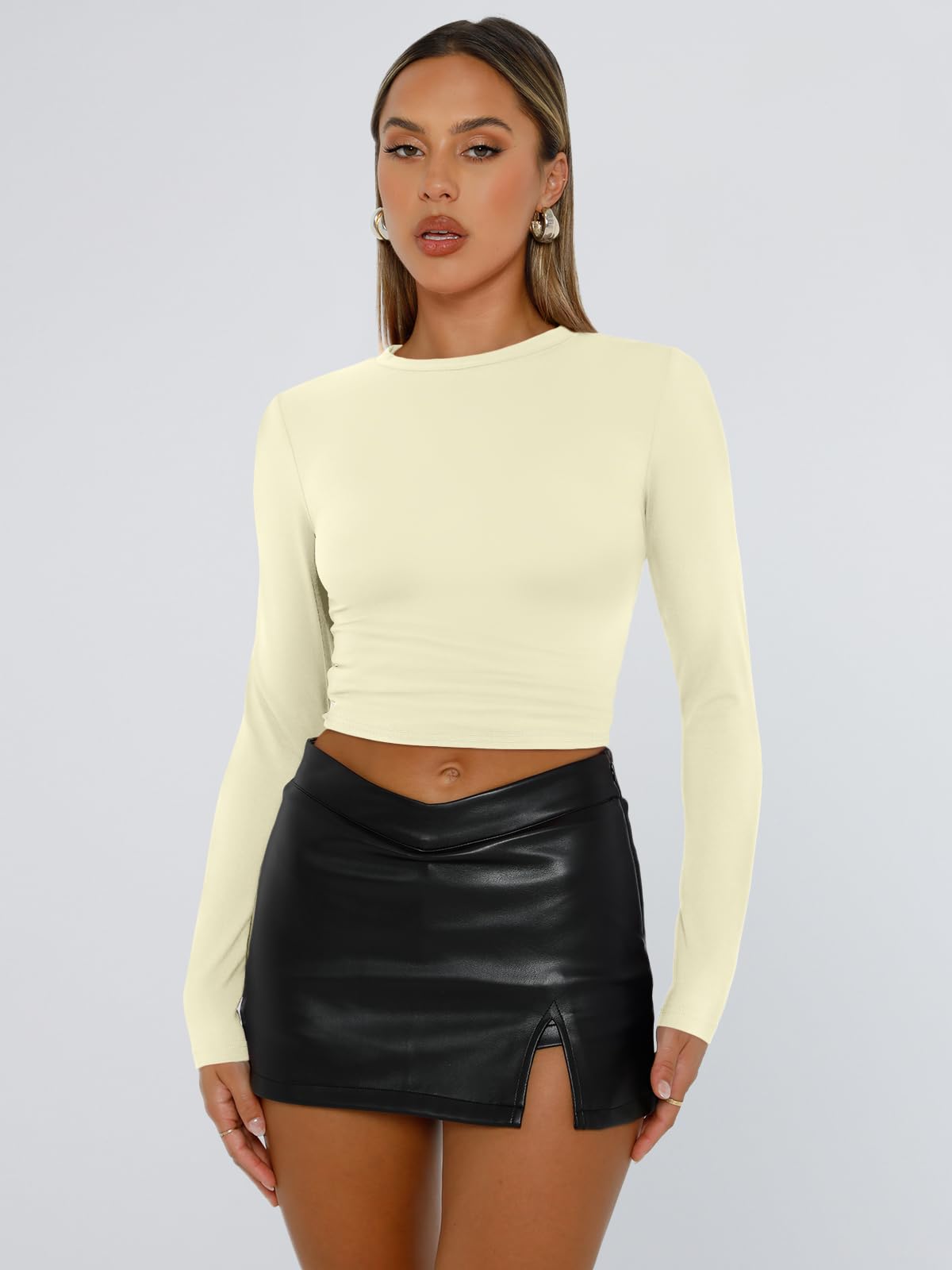 Trendy Queen Womens Long Sleeve Shirts Basic Crop Tops Tight Slim Fit Cute Teen Girls Fall Winter Y2k Clothes