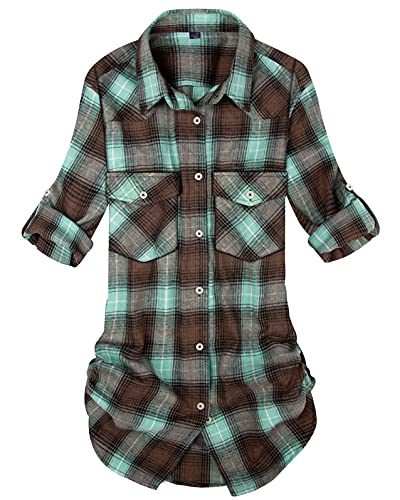 Womens Plaid Flannel Shirts Long Sleeve Roll Up Casual Button Down Shirt