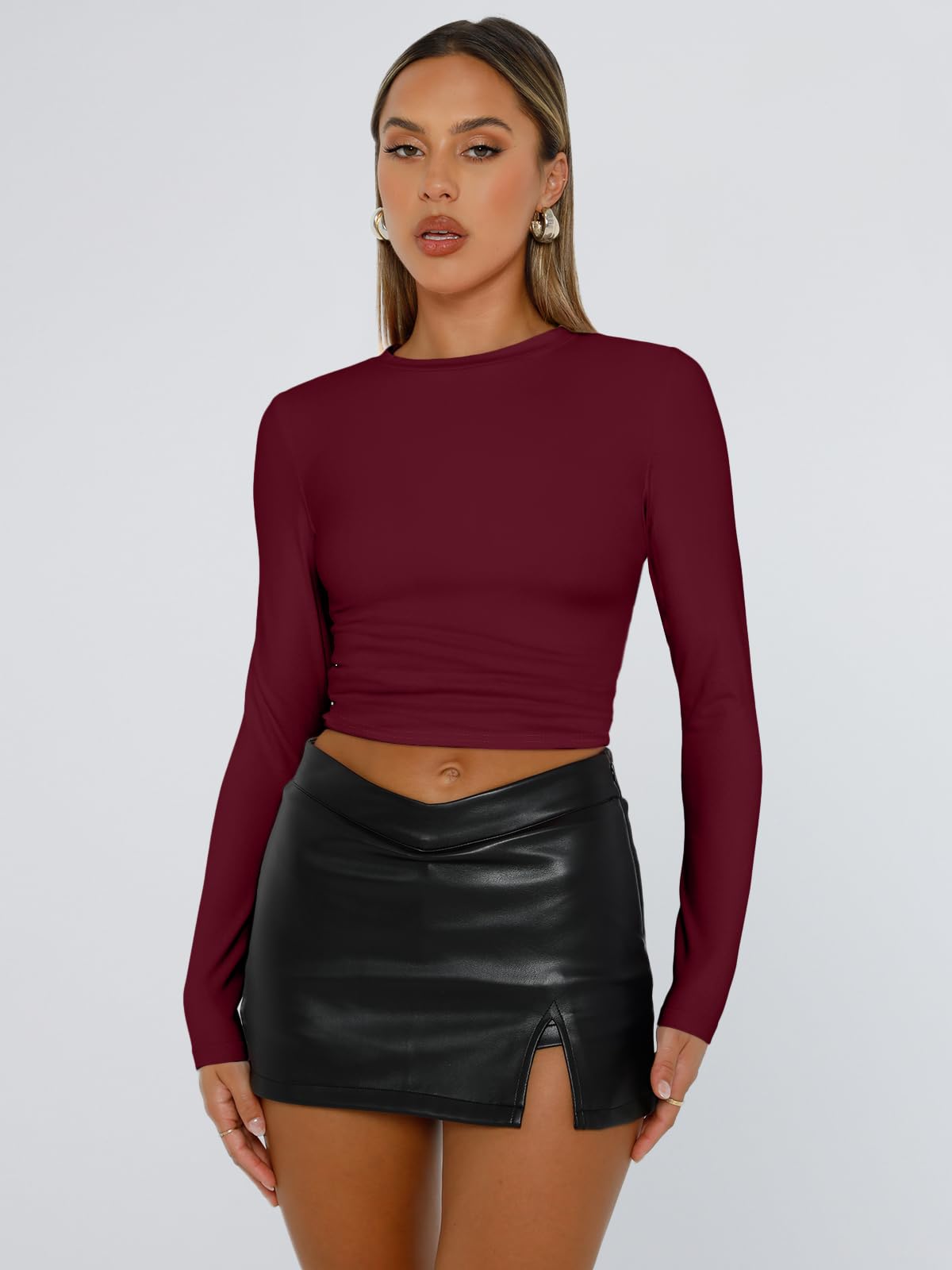 Trendy Queen Womens Long Sleeve Shirts Basic Crop Tops Tight Slim Fit Cute Teen Girls Fall Winter Y2k Clothes