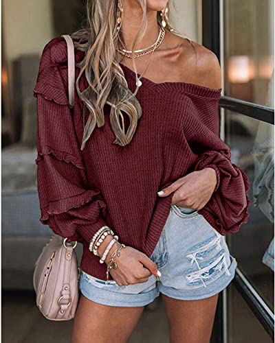 Women’s V Neck Long Sleeve Blouse Loose Fit Tunics Ruffles Off Shoulder Waffle Knit Solid Color Tops