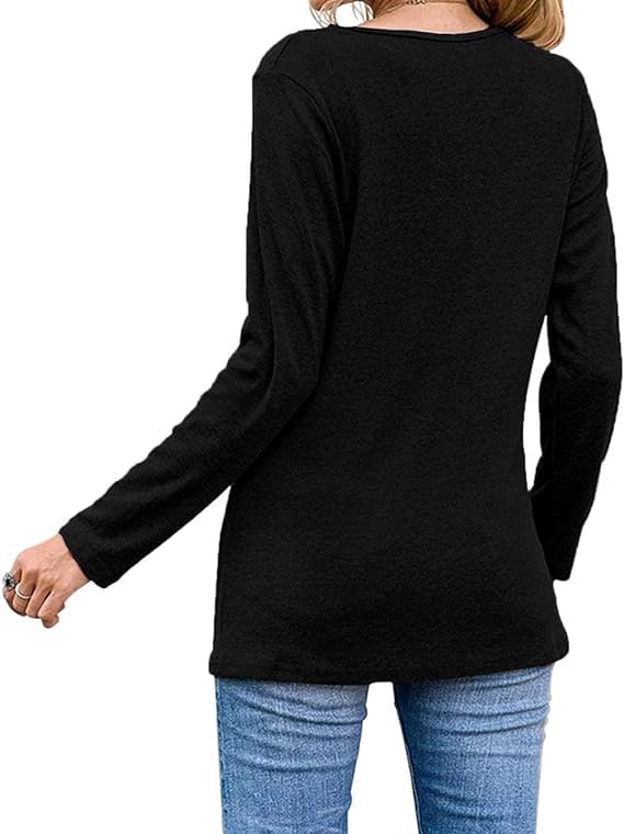 Womens Casual Long Sleeve Tunic Shirts Round Neck Button Side Blouses Tops