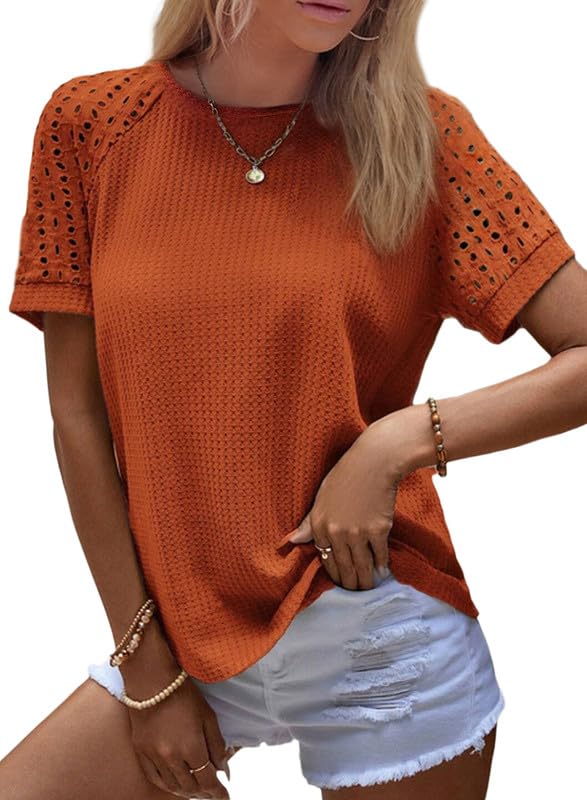 Women's Waffle Knit Tops Casual Crew Neck Hollow Out Raglan Short Sleeve Summer T-Shirts Blouses