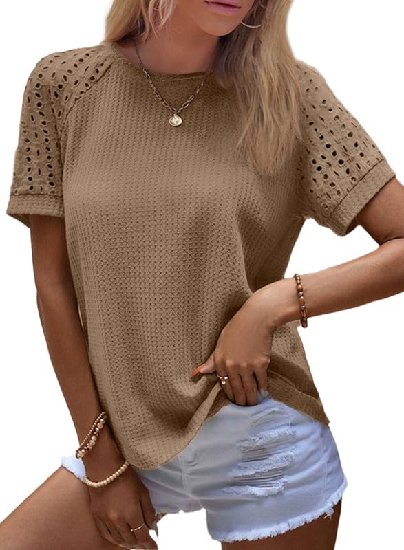 Women's Waffle Knit Tops Casual Crew Neck Hollow Out Raglan Short Sleeve Summer T-Shirts Blouses