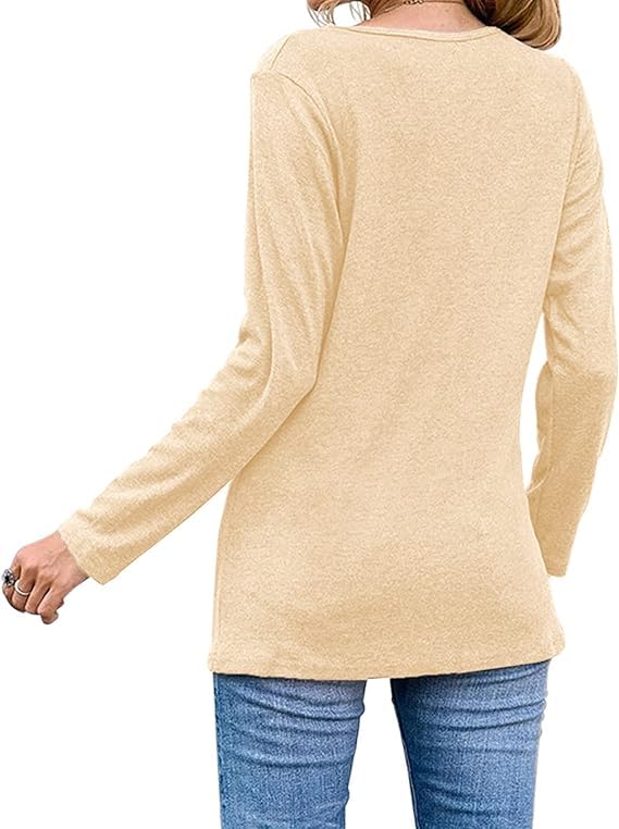 Womens Casual Long Sleeve Tunic Shirts Round Neck Button Side Blouses Tops