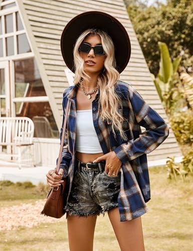 Women's Button Down Flannel Shirts Plaid Shacket Long Sleeve Collared Business Casual Tops Work Blouses