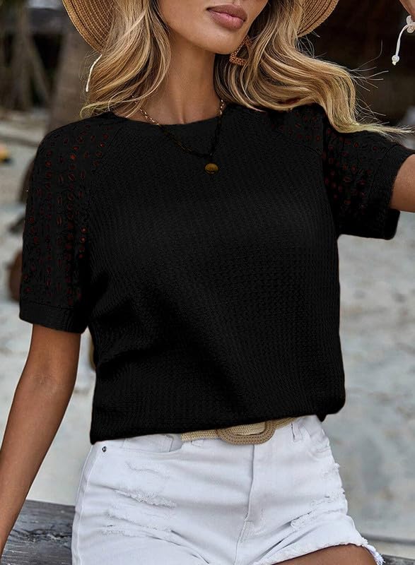 Women's Waffle Knit Tops Casual Crew Neck Hollow Out Raglan Short Sleeve Summer T-Shirts Blouses