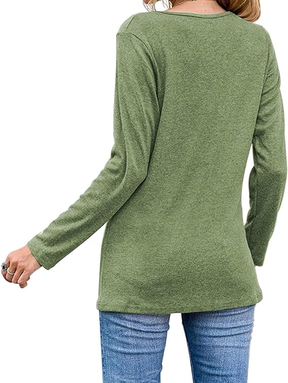 Womens Casual Long Sleeve Tunic Shirts Round Neck Button Side Blouses Tops