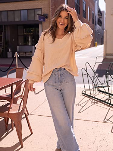 Women’s V Neck Long Sleeve Blouse Loose Fit Tunics Ruffles Off Shoulder Waffle Knit Solid Color Tops