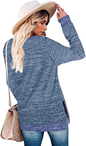 Womens Crewneck Pullovers Color Block Long Sleeve Side Split Tunic Tops