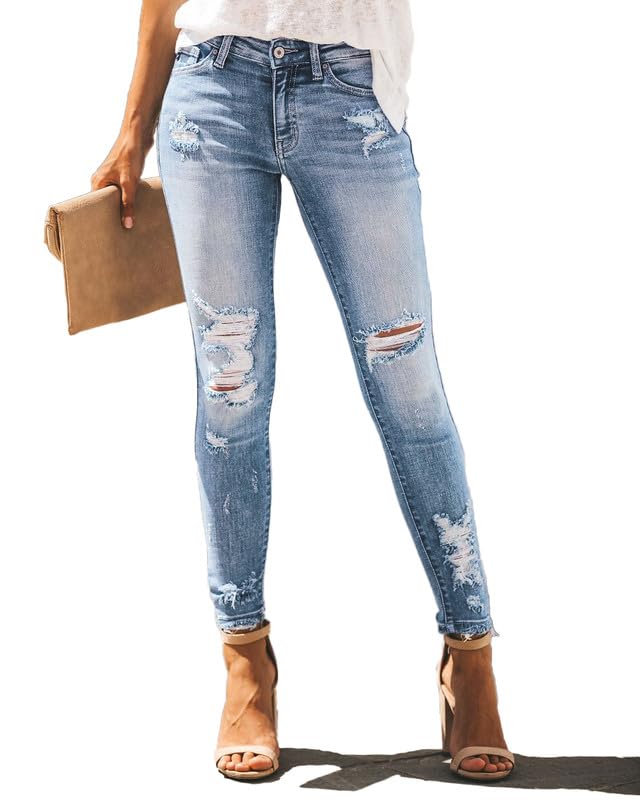 Women's High Rise Skinny Stretch Ripped Jeans High Waisted Destroyed Denim Pants