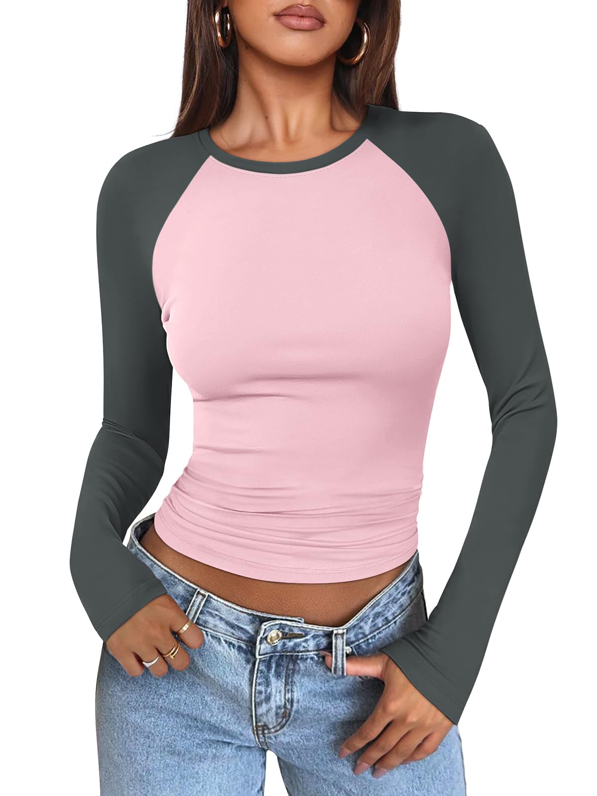 Women's Long Sleeve Shirts Slim Fit Stretchy Color Block Slightly Cropped Tops
