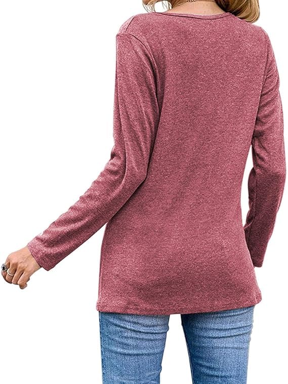 Womens Casual Long Sleeve Tunic Shirts Round Neck Button Side Blouses Tops