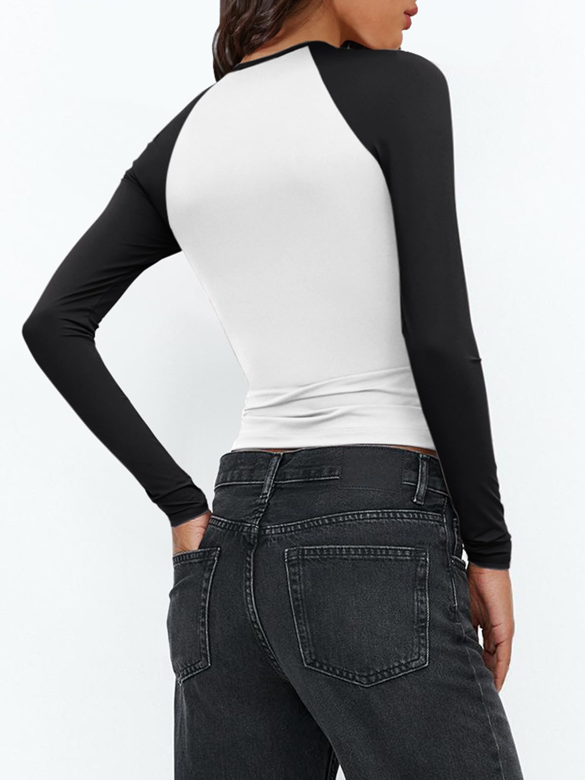 Women's Long Sleeve Shirts Slim Fit Stretchy Color Block Slightly Cropped Tops
