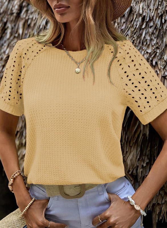 Women's Waffle Knit Tops Casual Crew Neck Hollow Out Raglan Short Sleeve Summer T-Shirts Blouses
