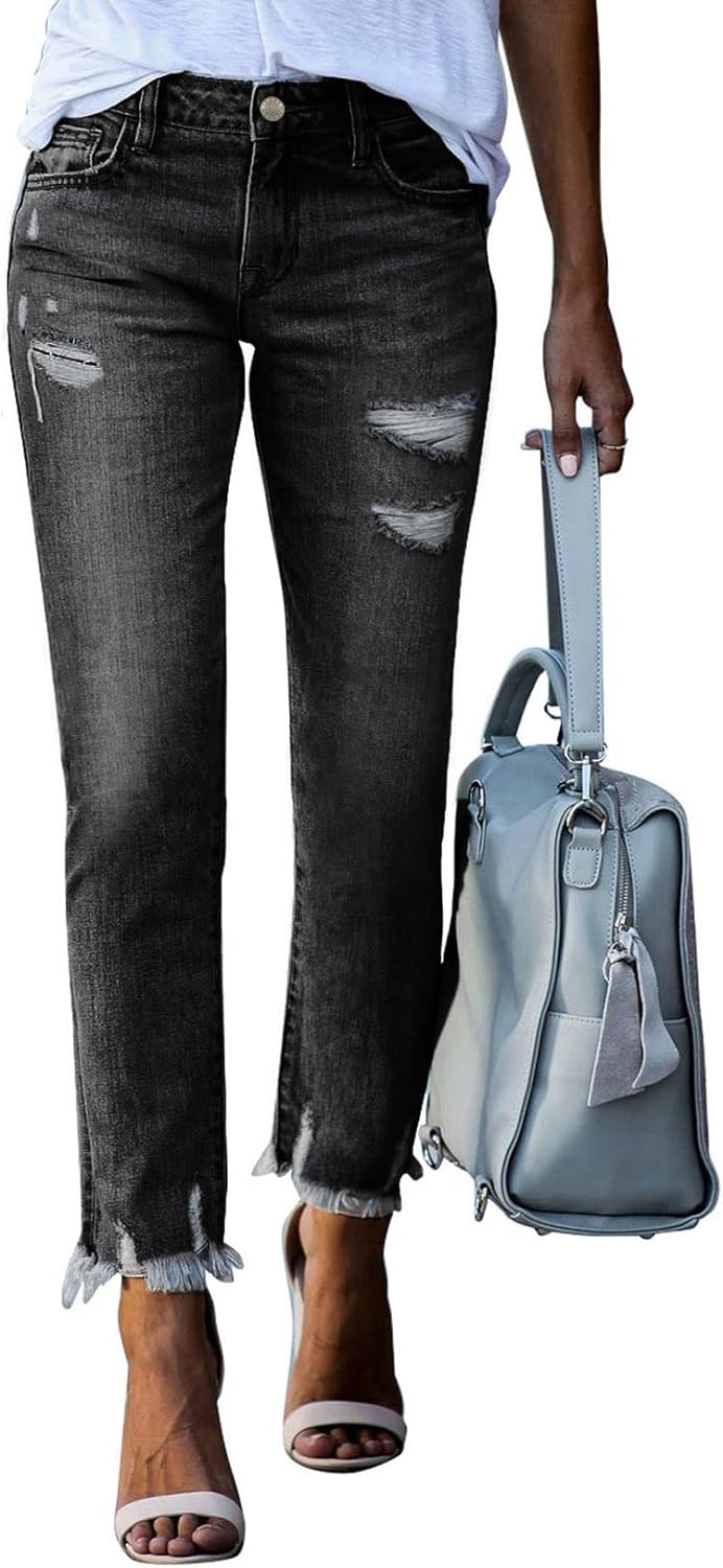 Women's Ripped Jeans Straight Leg Distressed Boyfriend Denim Pants