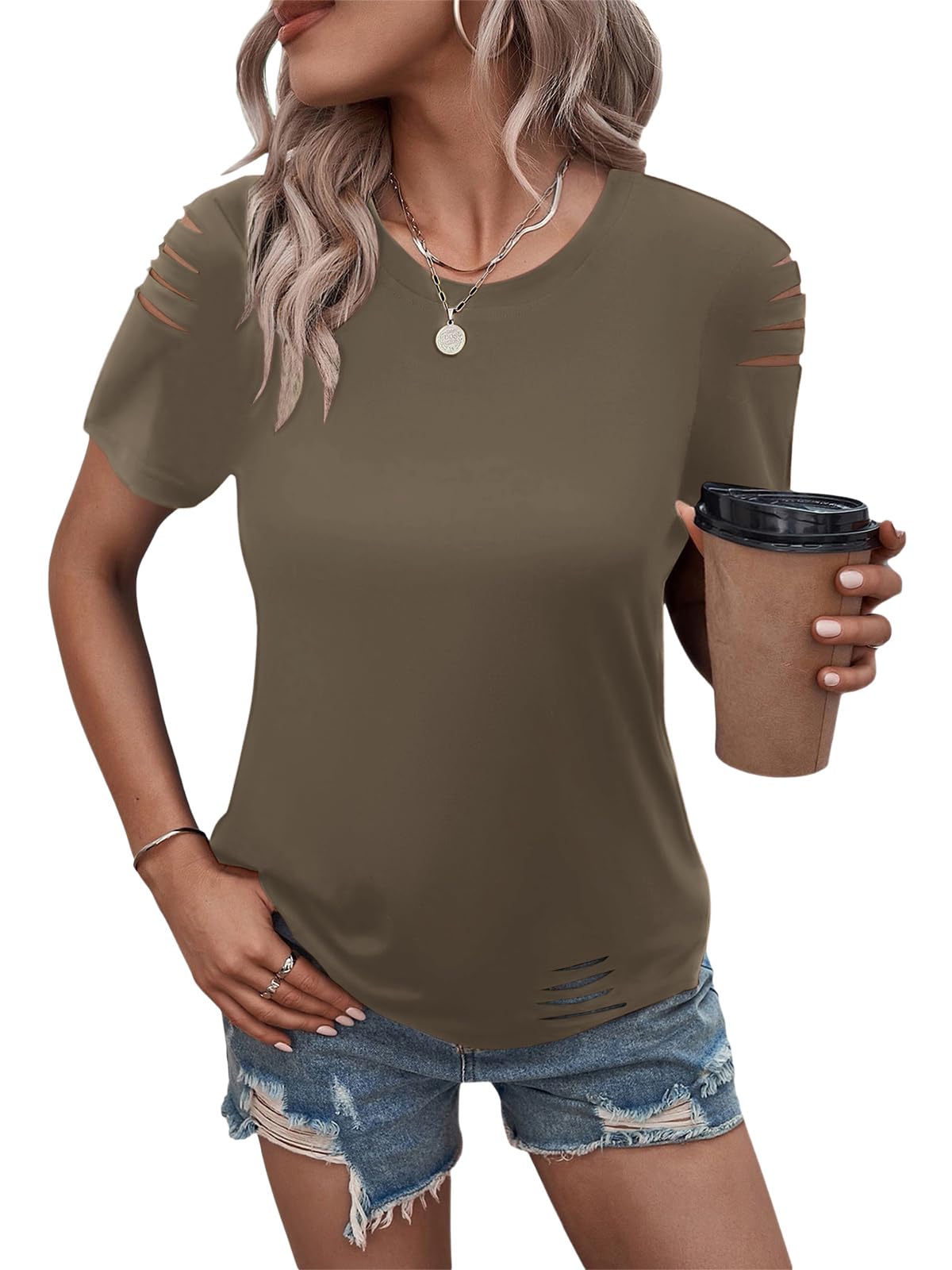 Women's Short Sleeve T Shirts Crew Neck Ripped Cut Out Summer Casual Basic Tees Tops