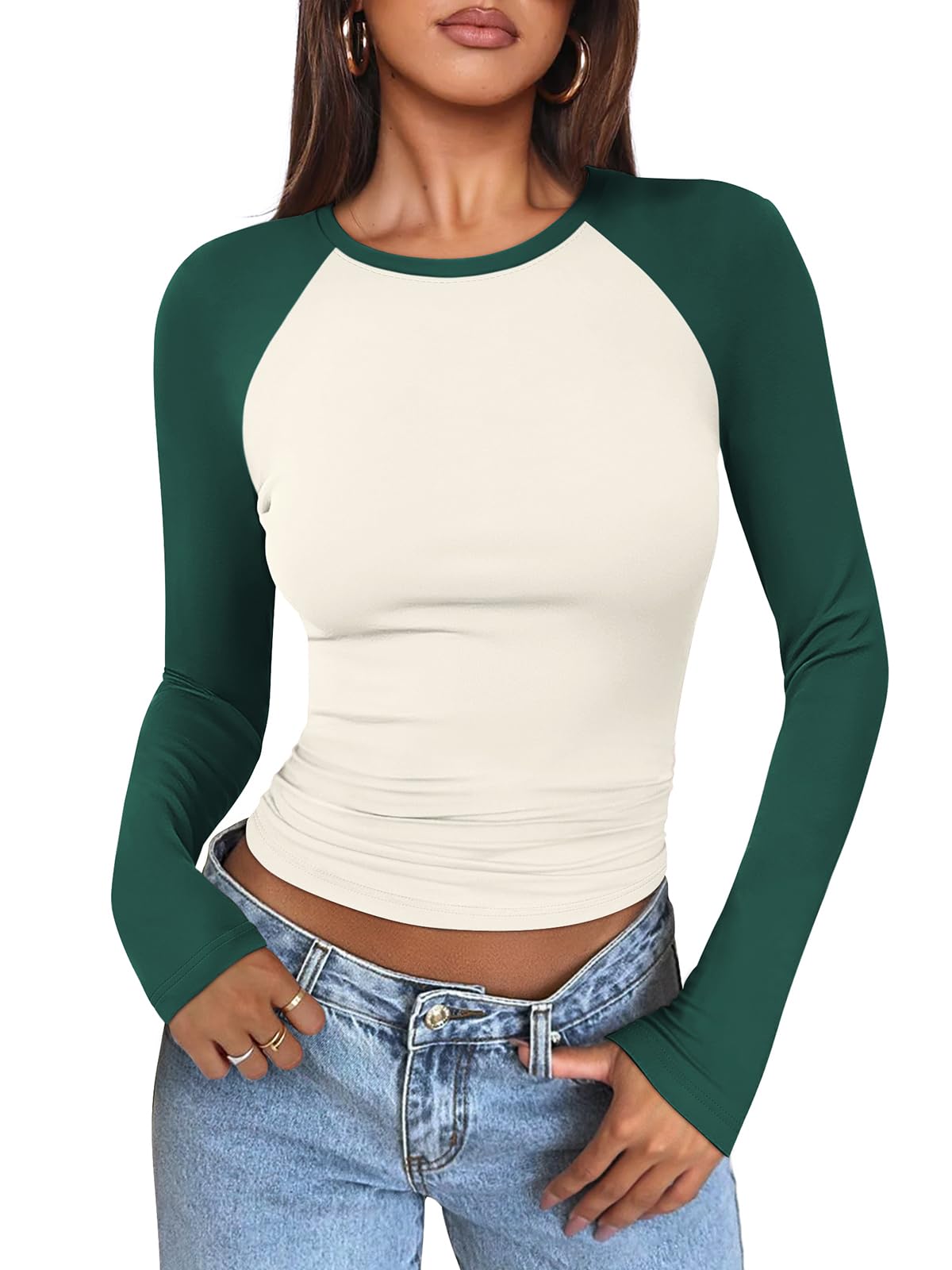 Women's Long Sleeve Shirts Slim Fit Stretchy Color Block Slightly Cropped Tops