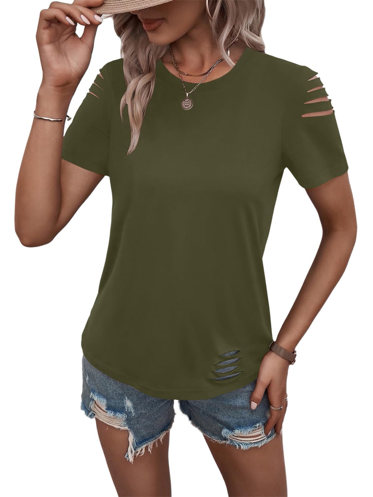 Women's Short Sleeve T Shirts Crew Neck Ripped Cut Out Summer Casual Basic Tees Tops