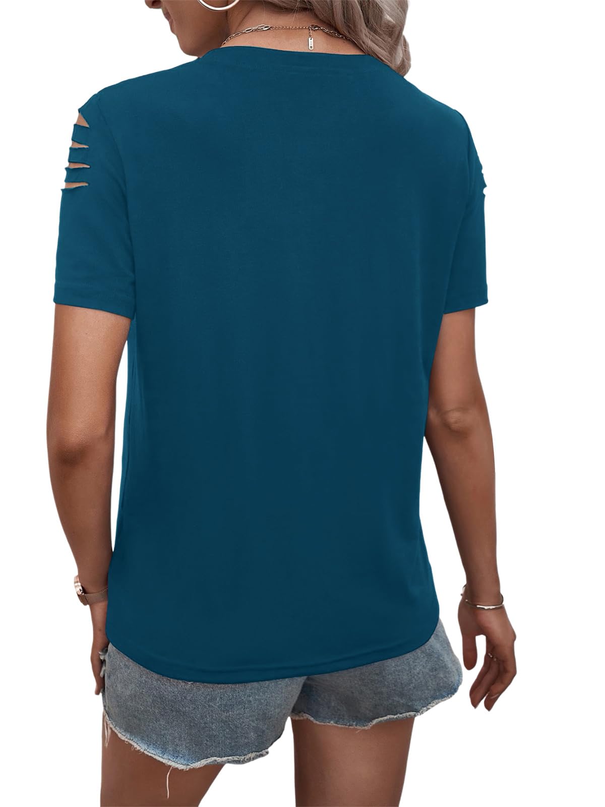 Women's Short Sleeve T Shirts Crew Neck Ripped Cut Out Summer Casual Basic Tees Tops