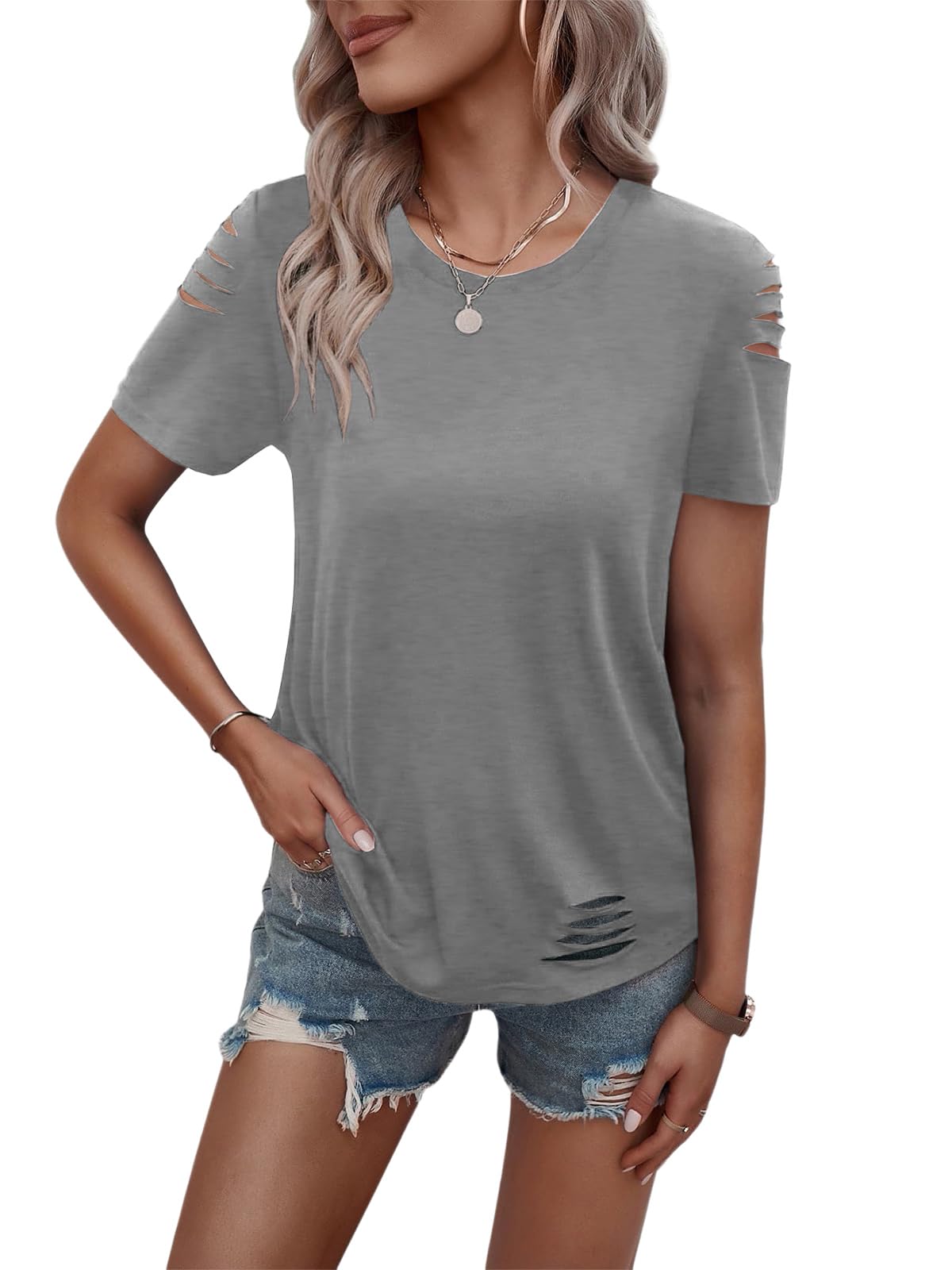 Women's Short Sleeve T Shirts Crew Neck Ripped Cut Out Summer Casual Basic Tees Tops