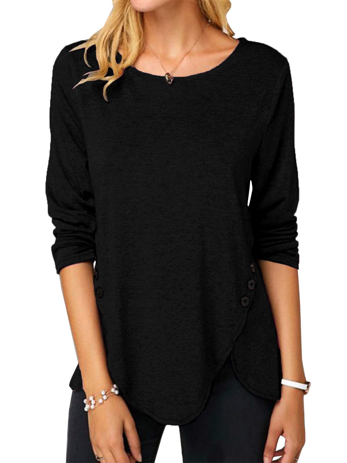 Womens Casual Long Sleeve Tunic Shirts Round Neck Button Side Blouses Tops