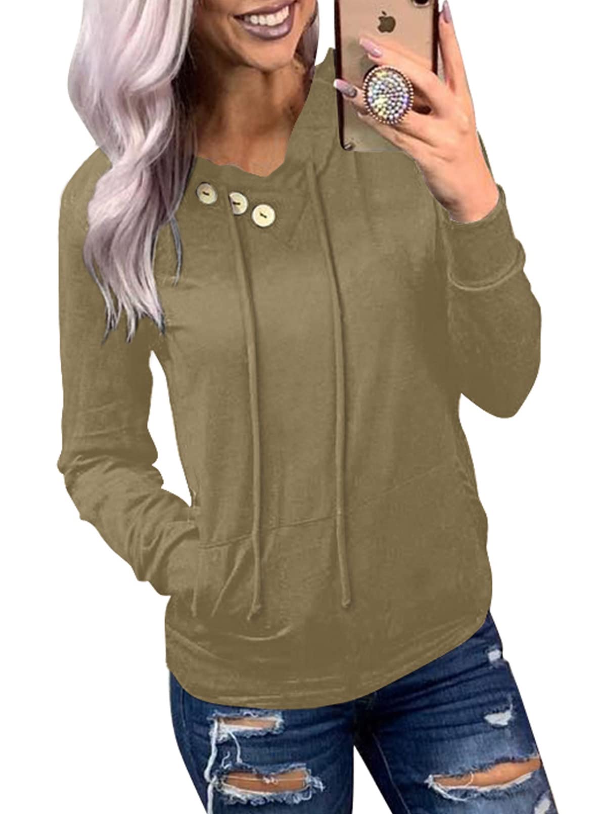 Women's Casual Long Sleeve Hoodies Sweatshirts Drawstring Pullover Tunic Tops With Pockets
