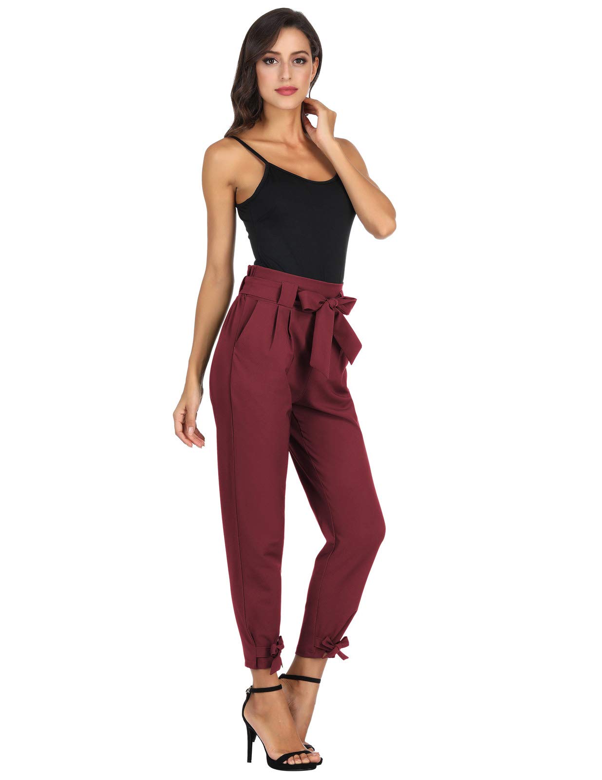 Women’s Casual High Waist Pencil Pants with Pockets Bow-Knot Cropped Paper Bag Pants