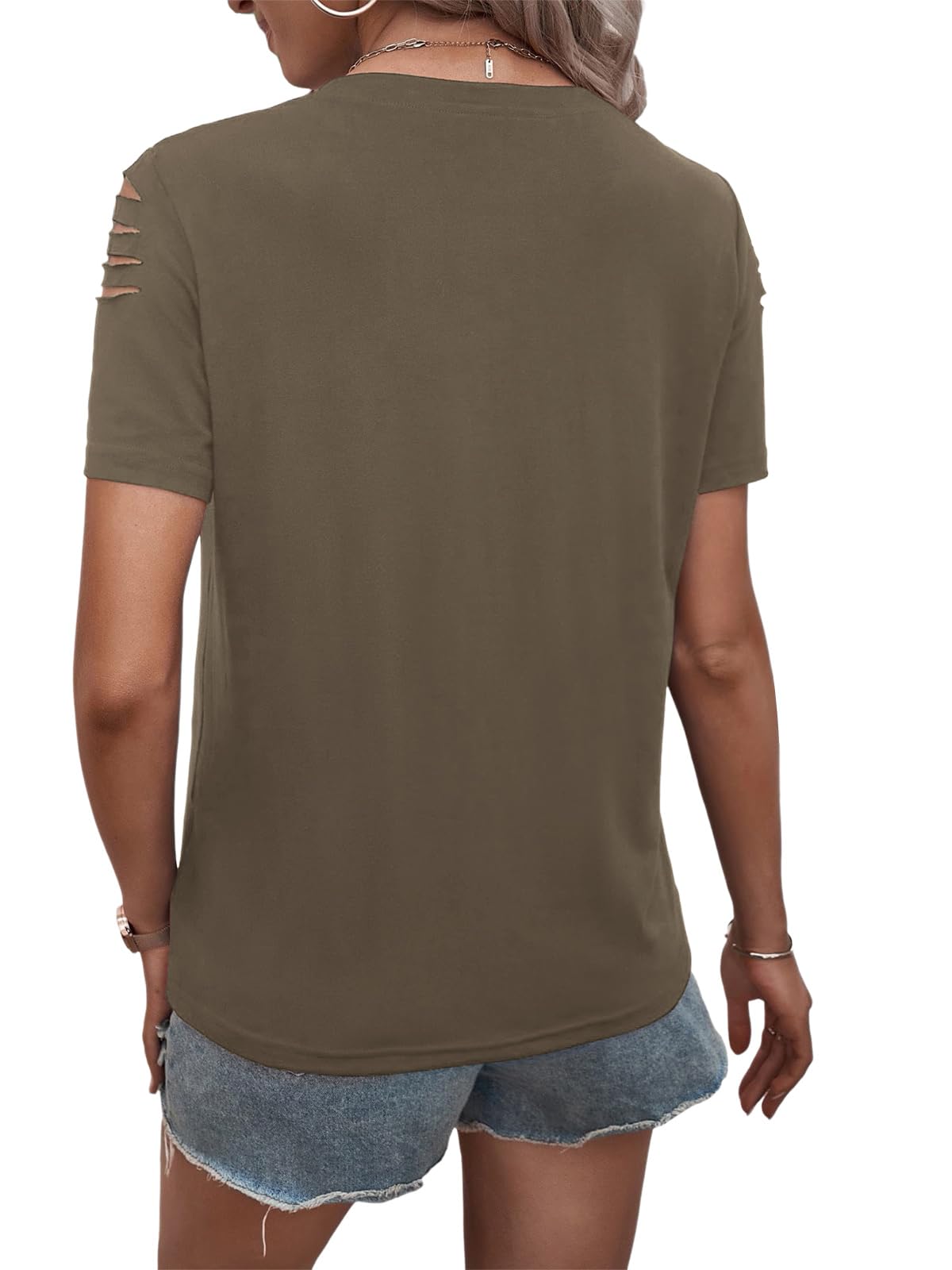 Women's Short Sleeve T Shirts Crew Neck Ripped Cut Out Summer Casual Basic Tees Tops