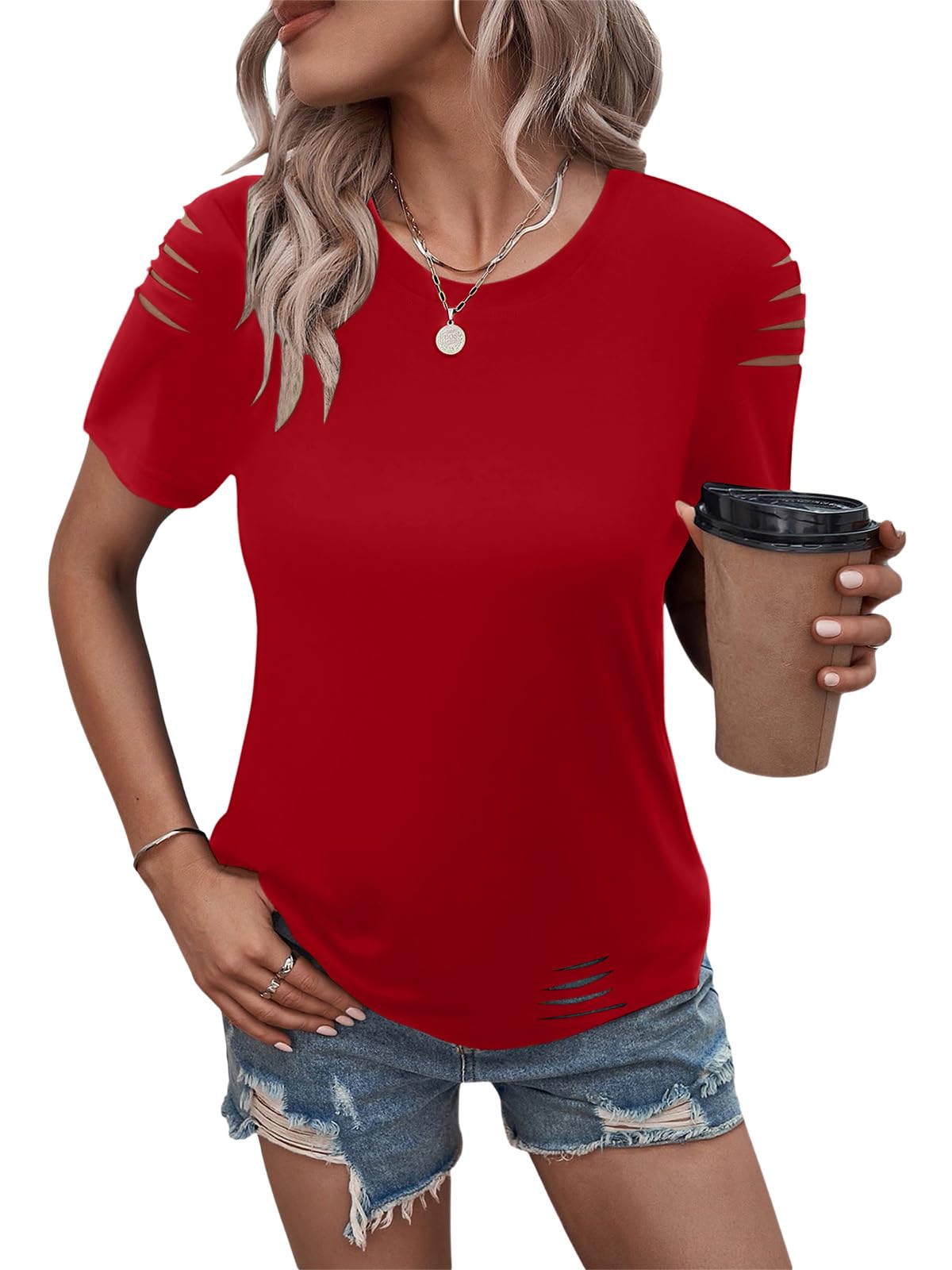 Women's Short Sleeve T Shirts Crew Neck Ripped Cut Out Summer Casual Basic Tees Tops
