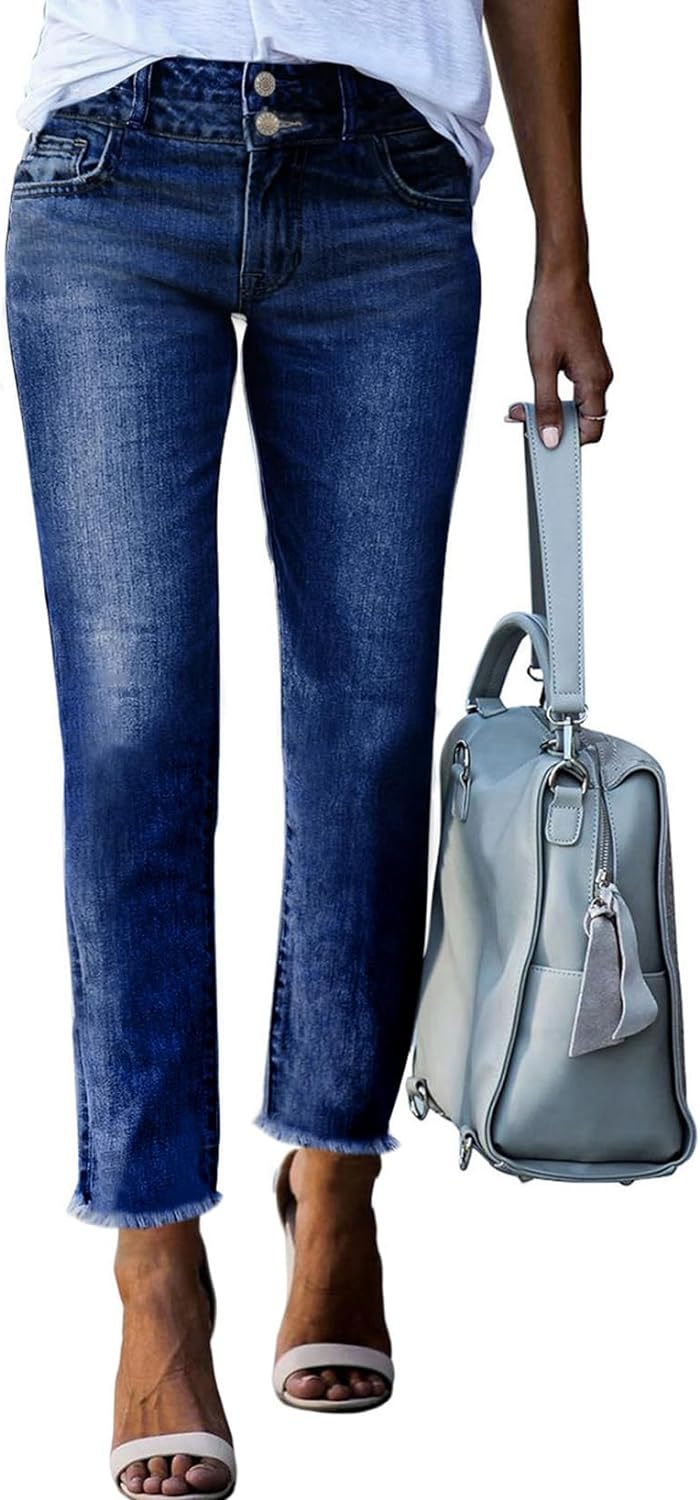 Women's High Waisted Jeans Strechy Raw Hem Straight Leg Denim Pants with Pockets