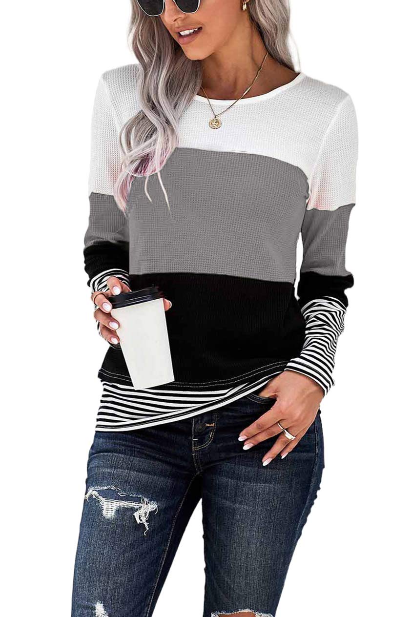 Womens Color Block Loose Long/Short Sleeve T Shirts Casual Comfy Tops