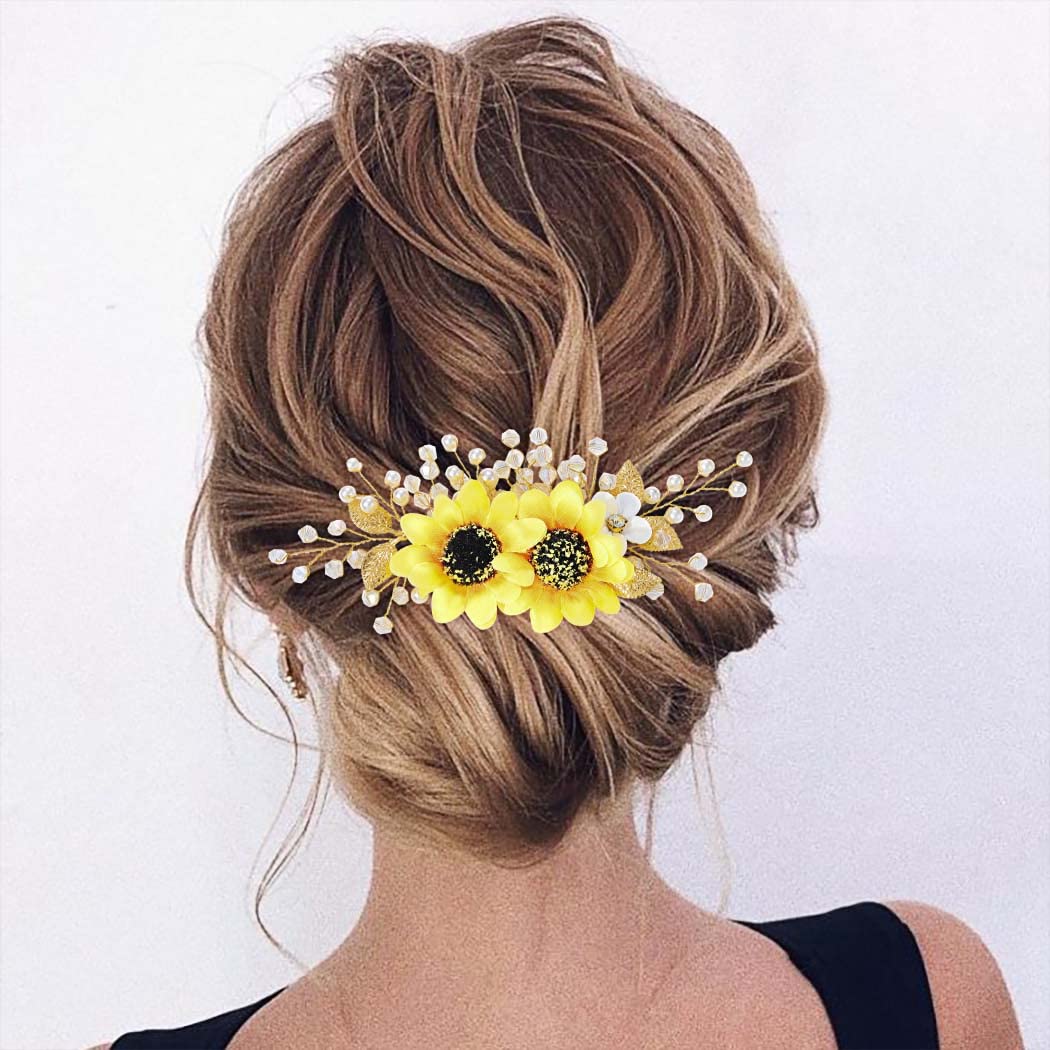 Jeairts Sunflower Bride Wedding Hair Comb Crystal Pearl Bridal Hair Pieces Leaf Side Combs Hair Dress Decorative Hair Accessories for Women and Girls (1-Silver)
