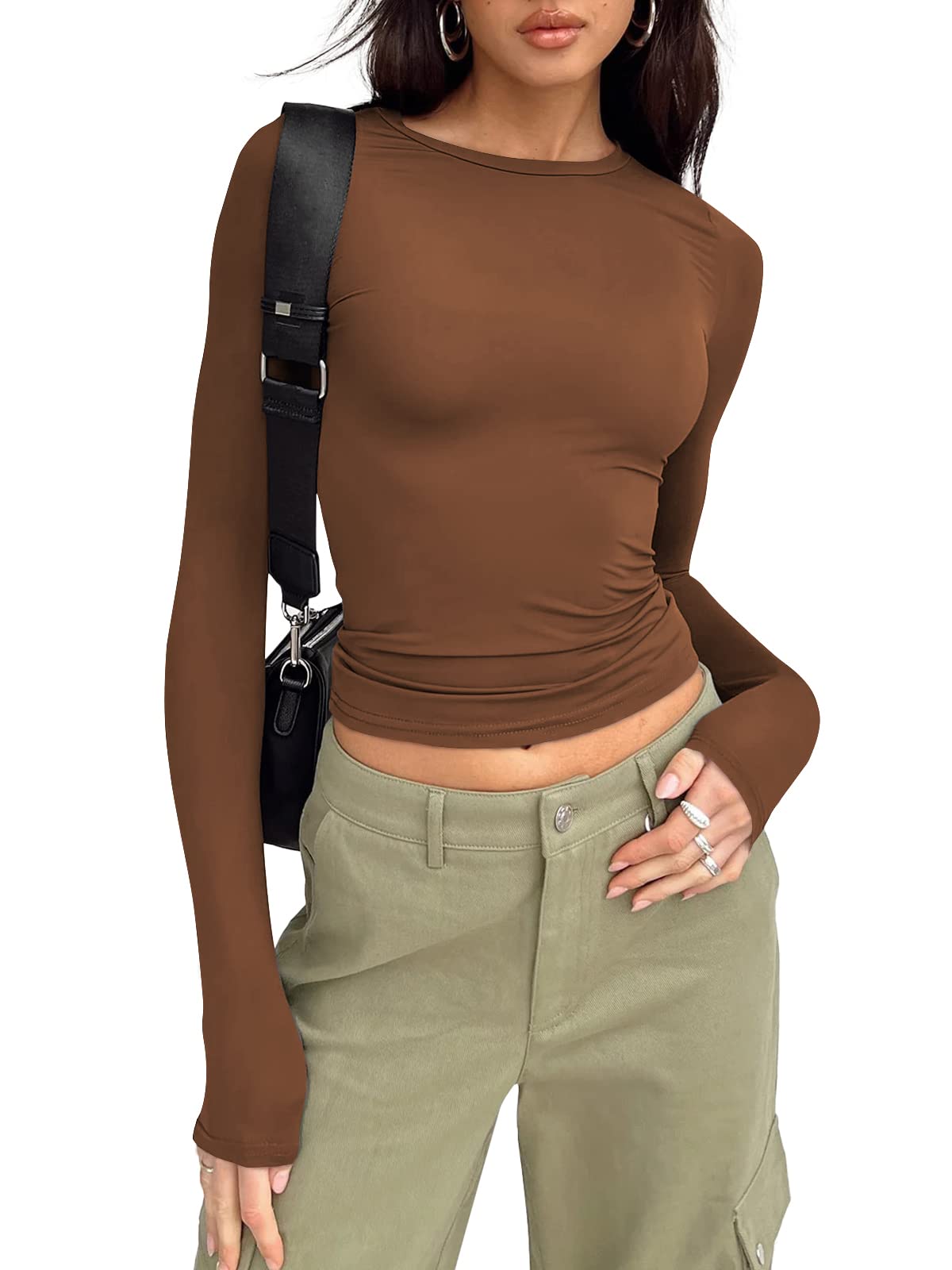 Trendy Queen Womens Long Sleeve Shirts Basic Crop Tops Tight Slim Fit Cute Teen Girls Fall Winter Y2k Clothes