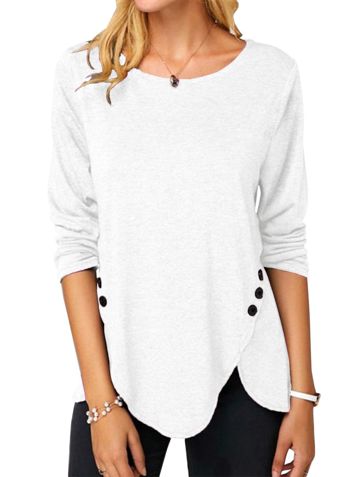 Womens Casual Long Sleeve Tunic Shirts Round Neck Button Side Blouses Tops