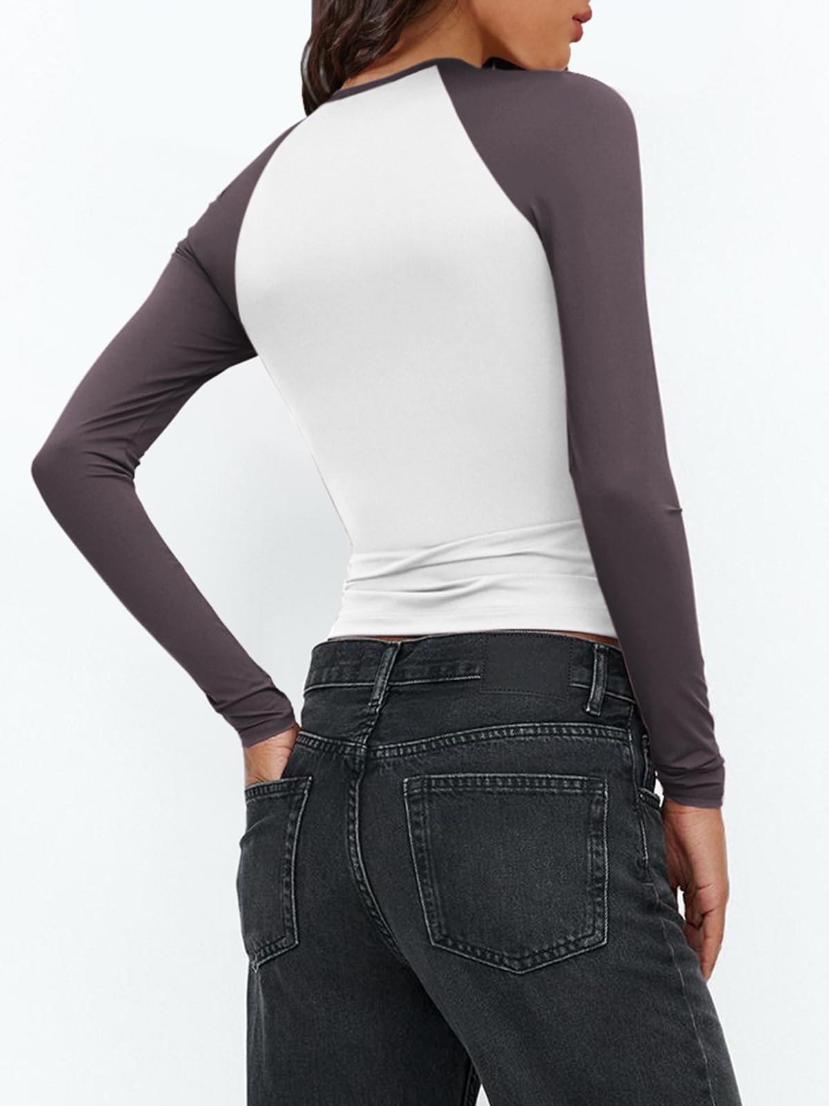 Women's Long Sleeve Shirts Slim Fit Stretchy Color Block Slightly Cropped Tops